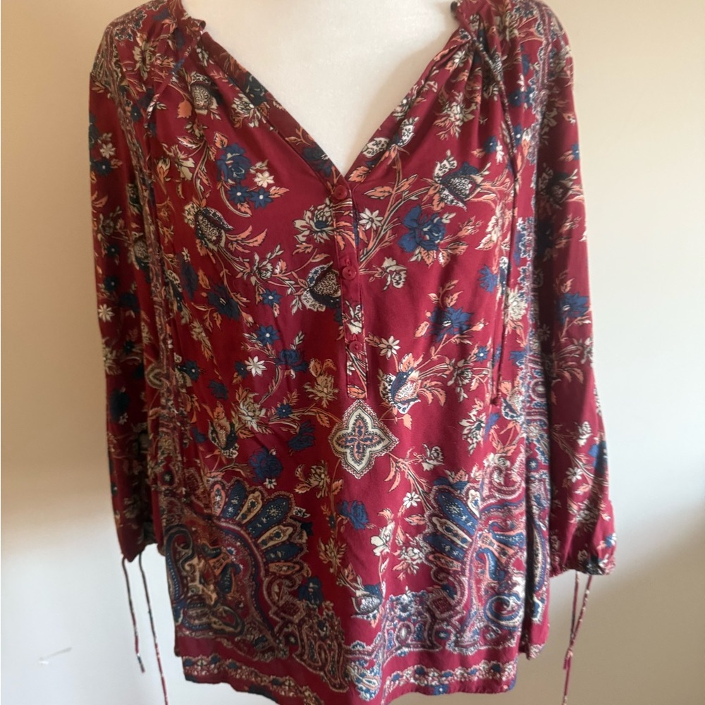 Lucky Brand Burgundy Paisley Blouse Sz small boho long sleeve